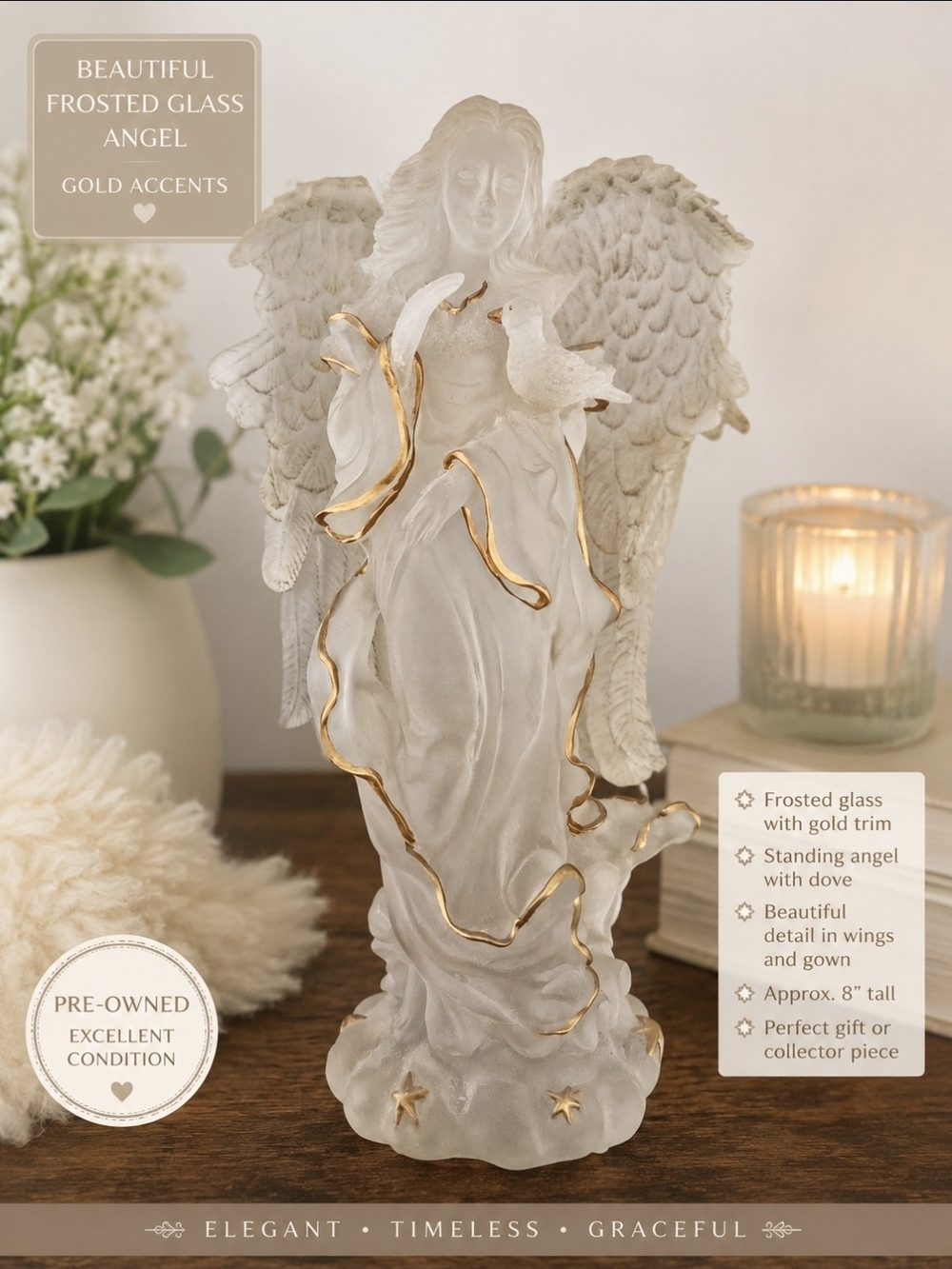 Frosted Glass Angel Figurine with Gold Trim - White/Gold